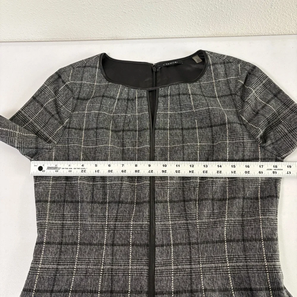 Tahari Sheath Dress Womens 12‎ Grey Plaid Faux Leather Trim Short Sleeve Office